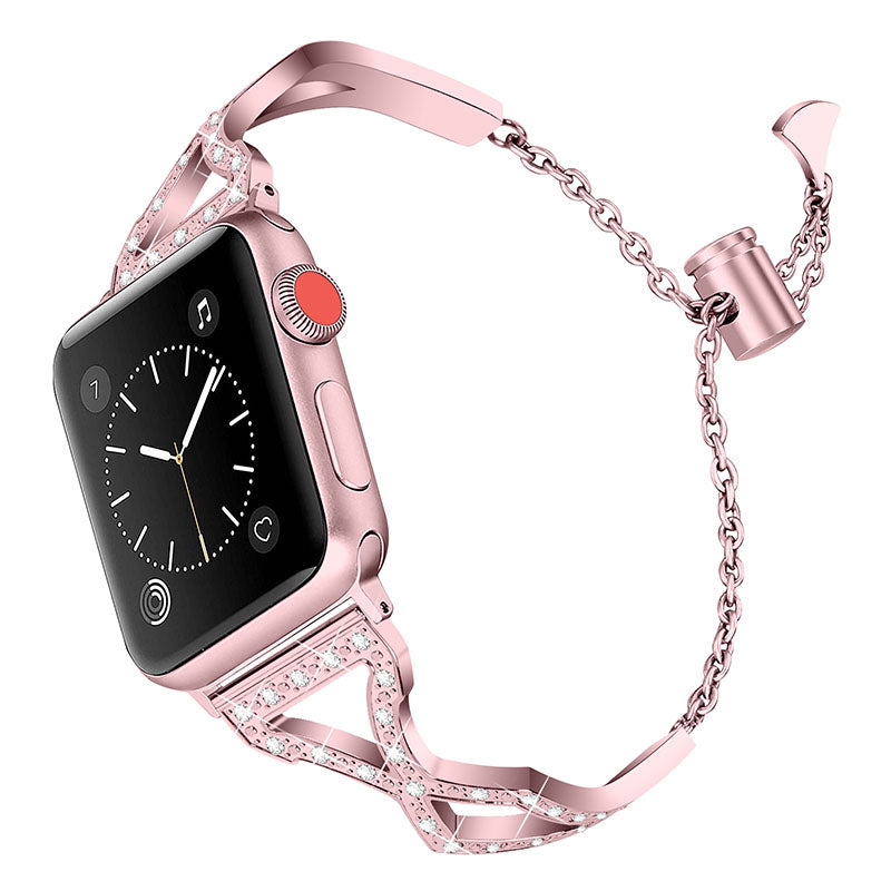 Rhinestone Stainless Steel Metal Watch Band Bracelet Strap Replacement for Apple Watch Ultra 49mm / Series 8 45mm / 7 45mm / SE 44mm / SE (2022) 44mm / Series 6 / 5 / 4 44mm / Series 3 / 2 / 1 42mm - Rose Pink