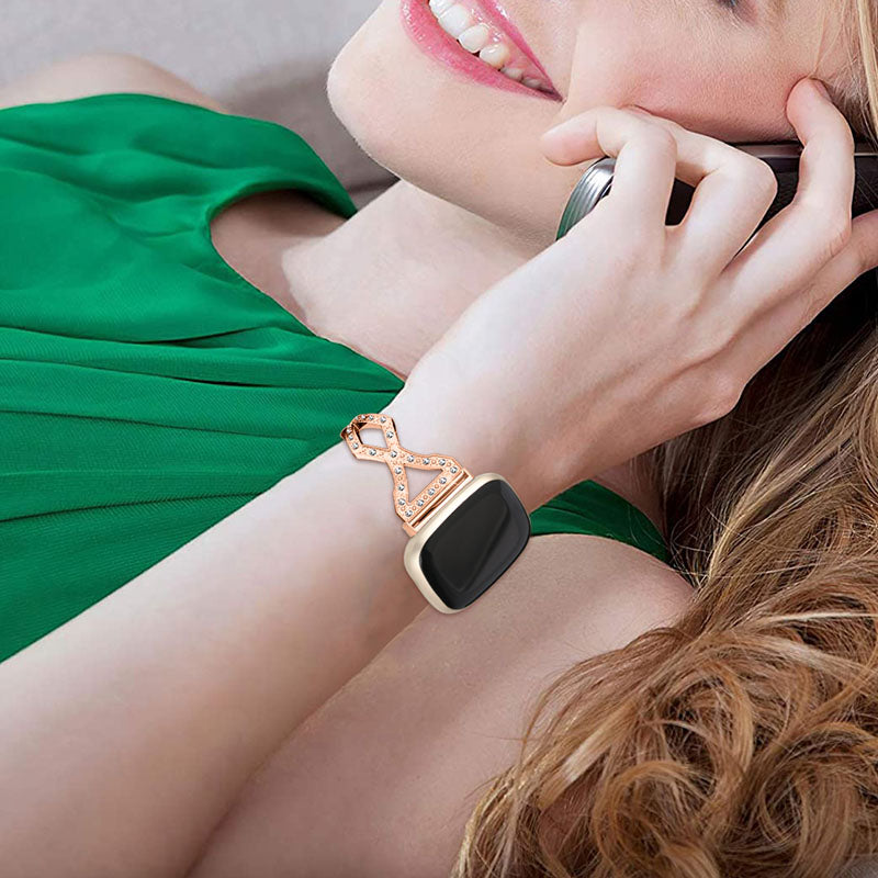 Hollow Out Rhinestone Decor 304 Stainless Steel Smart Watch Strap Women Slide Bracelet Wristband for Fitbit Versa 3/Fitbit Sense - Rose Gold