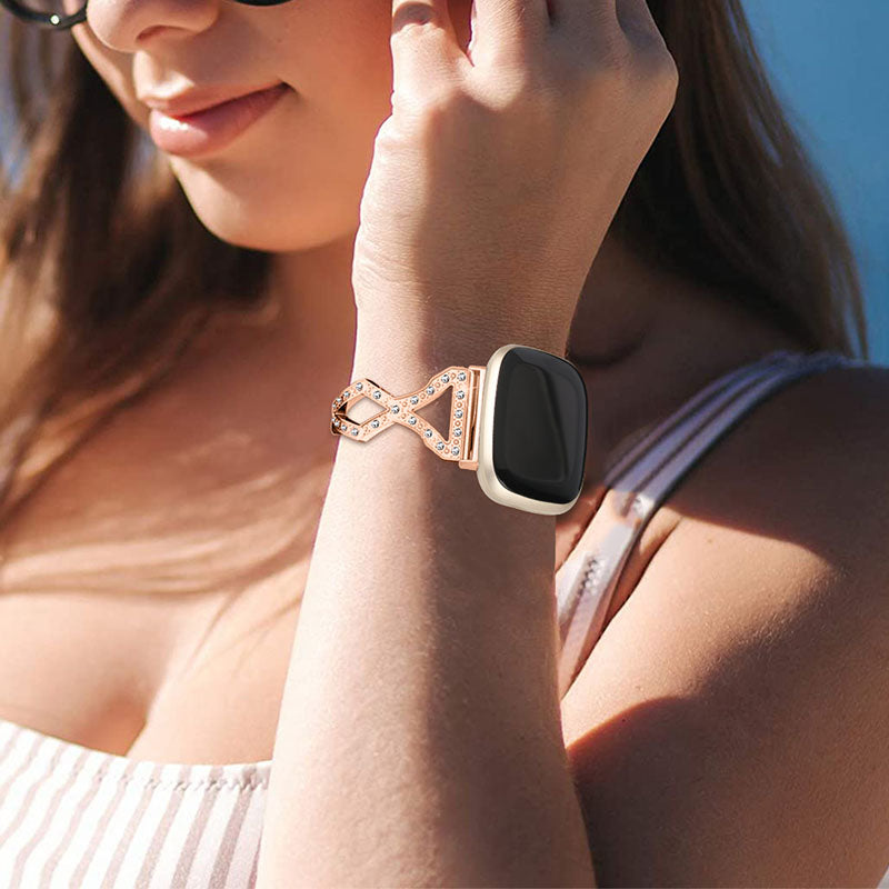 Hollow Out Rhinestone Decor 304 Stainless Steel Smart Watch Strap Women Slide Bracelet Wristband for Fitbit Versa 3/Fitbit Sense - Rose Gold