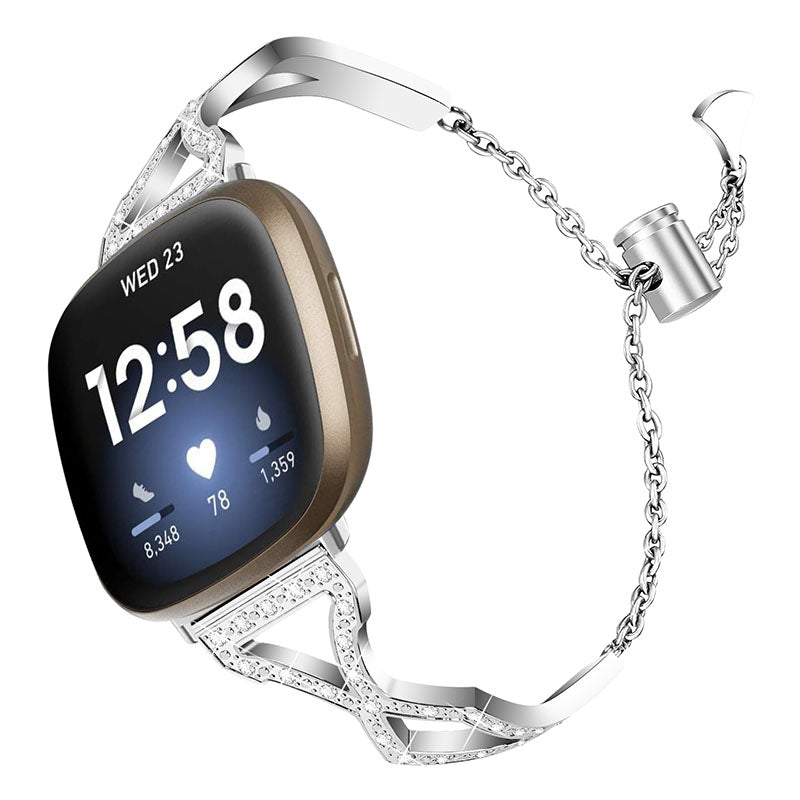Hollow Out Rhinestone Decor 304 Stainless Steel Smart Watch Strap Women Slide Bracelet Wristband for Fitbit Versa 3/Fitbit Sense - Silver