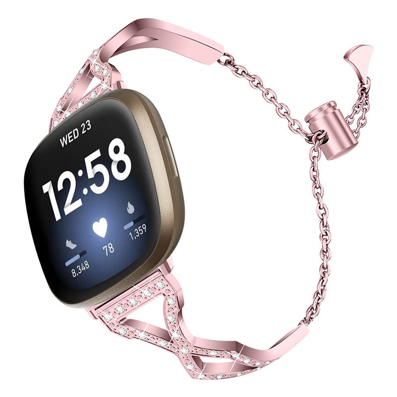Hollow Out Rhinestone Decor 304 Stainless Steel Smart Watch Strap Women Slide Bracelet Wristband for Fitbit Versa 3/Fitbit Sense - Rose Pink