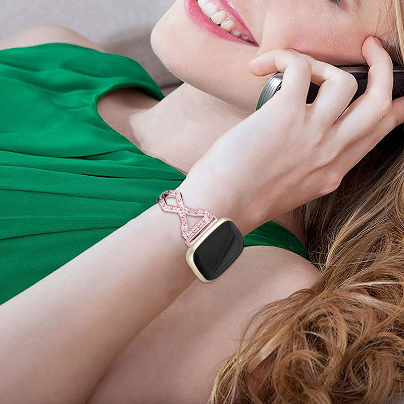 Hollow Out Rhinestone Decor 304 Stainless Steel Smart Watch Strap Women Slide Bracelet Wristband for Fitbit Versa 3/Fitbit Sense - Rose Pink