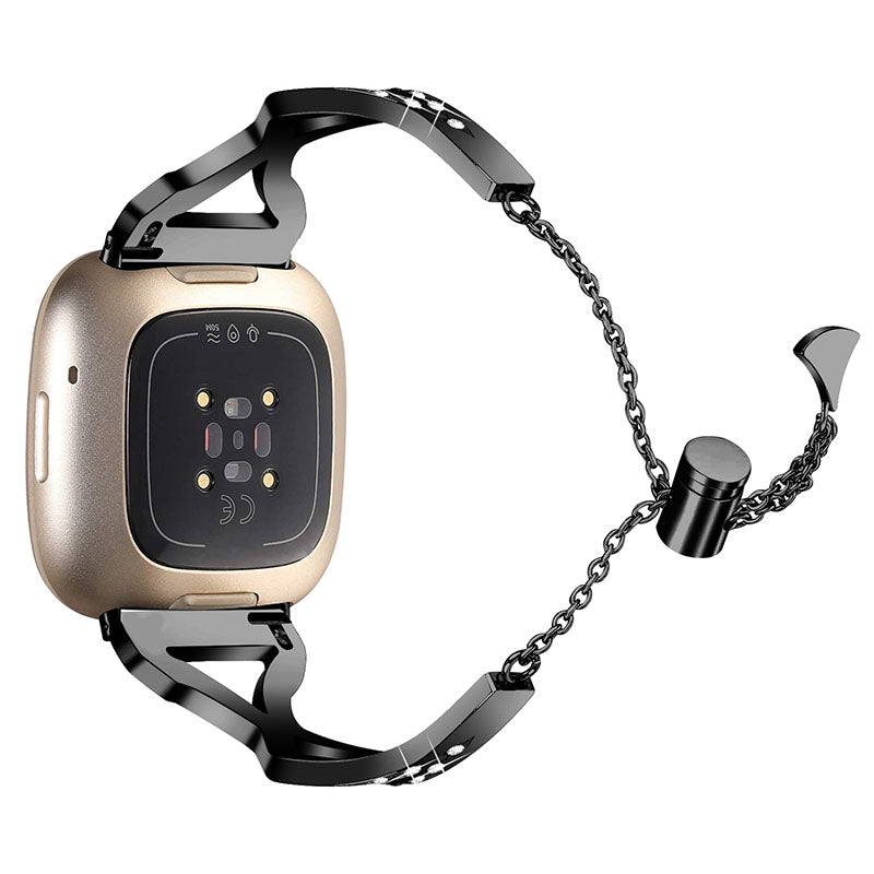Hollow Out Rhinestone Decor 304 Stainless Steel Smart Watch Strap Women Slide Bracelet Wristband for Fitbit Versa 3/Fitbit Sense - Black