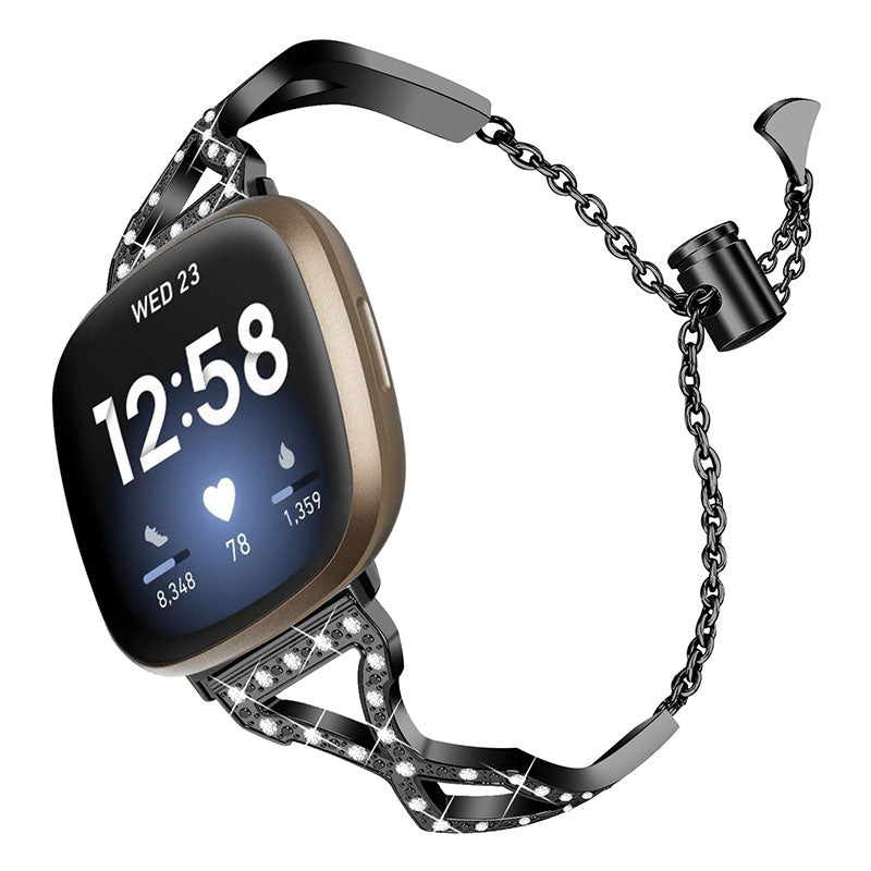 Hollow Out Rhinestone Decor 304 Stainless Steel Smart Watch Strap Women Slide Bracelet Wristband for Fitbit Versa 3/Fitbit Sense - Black