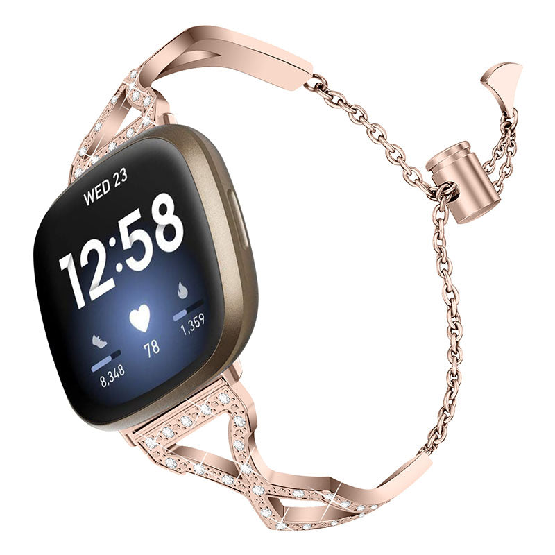 Hollow Out Rhinestone Decor 304 Stainless Steel Smart Watch Strap Women Slide Bracelet Wristband for Fitbit Versa 3/Fitbit Sense - Gold