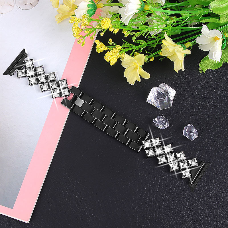 Rhinestone Rhombus Stainless Steel Watch Strap Replacement for Apple Watch Series 8 41mm / Series 7 41mm / SE / SE(2022) / Series 6 / 5 / 4 40mm / Series3 / 2 / 1 38mm - Black - UNIQBUY