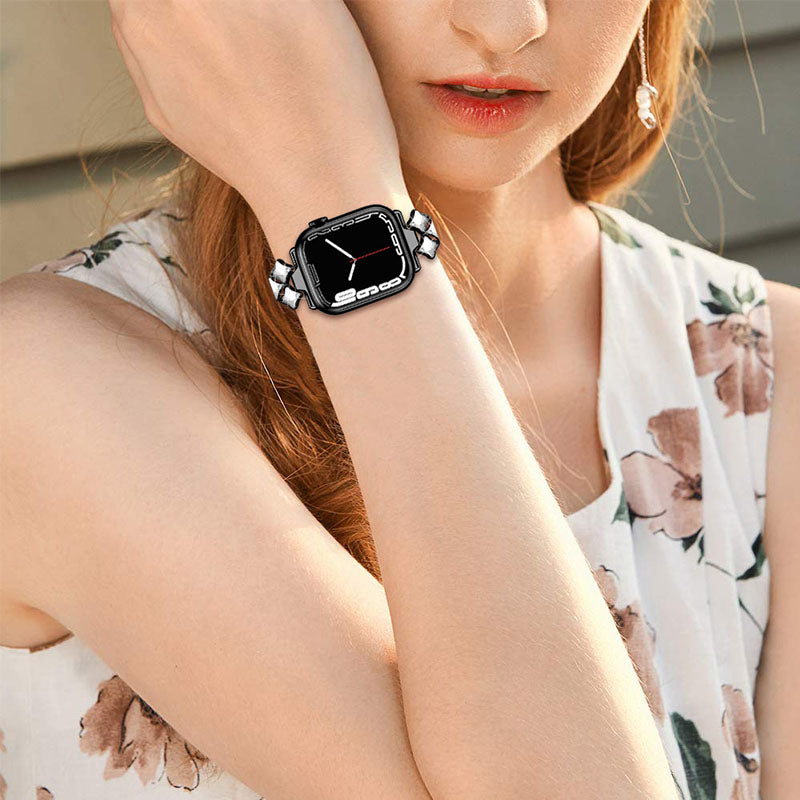 Rhinestone Rhombus Stainless Steel Watch Strap Replacement for Apple Watch Series 8 41mm / Series 7 41mm / SE / SE(2022) / Series 6 / 5 / 4 40mm / Series3 / 2 / 1 38mm - Black - UNIQBUY