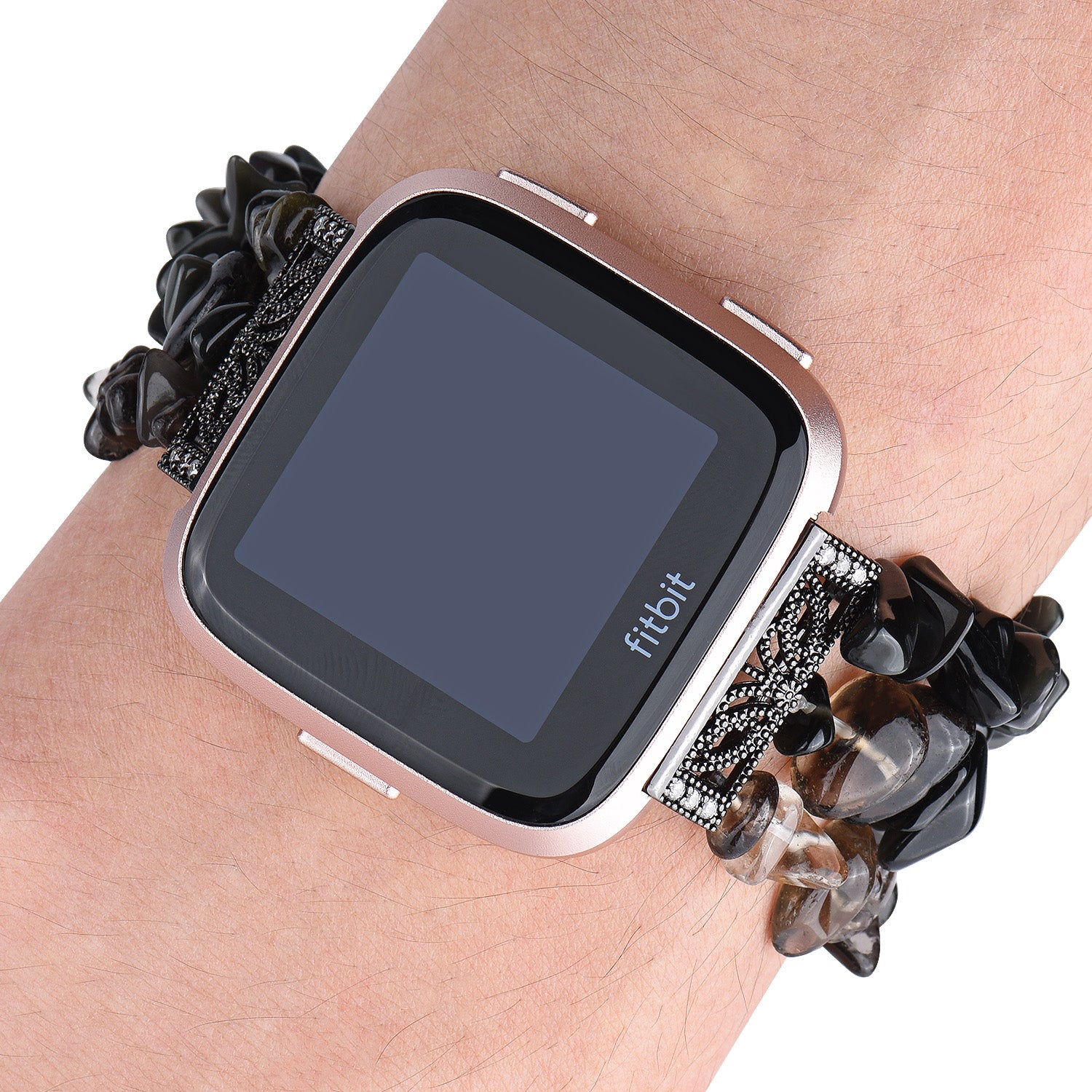 Four Rows Natural Stones Watch Band Strap Wrist Bracelet for Fitbit Versa/Fitbit Versa 2 - Black