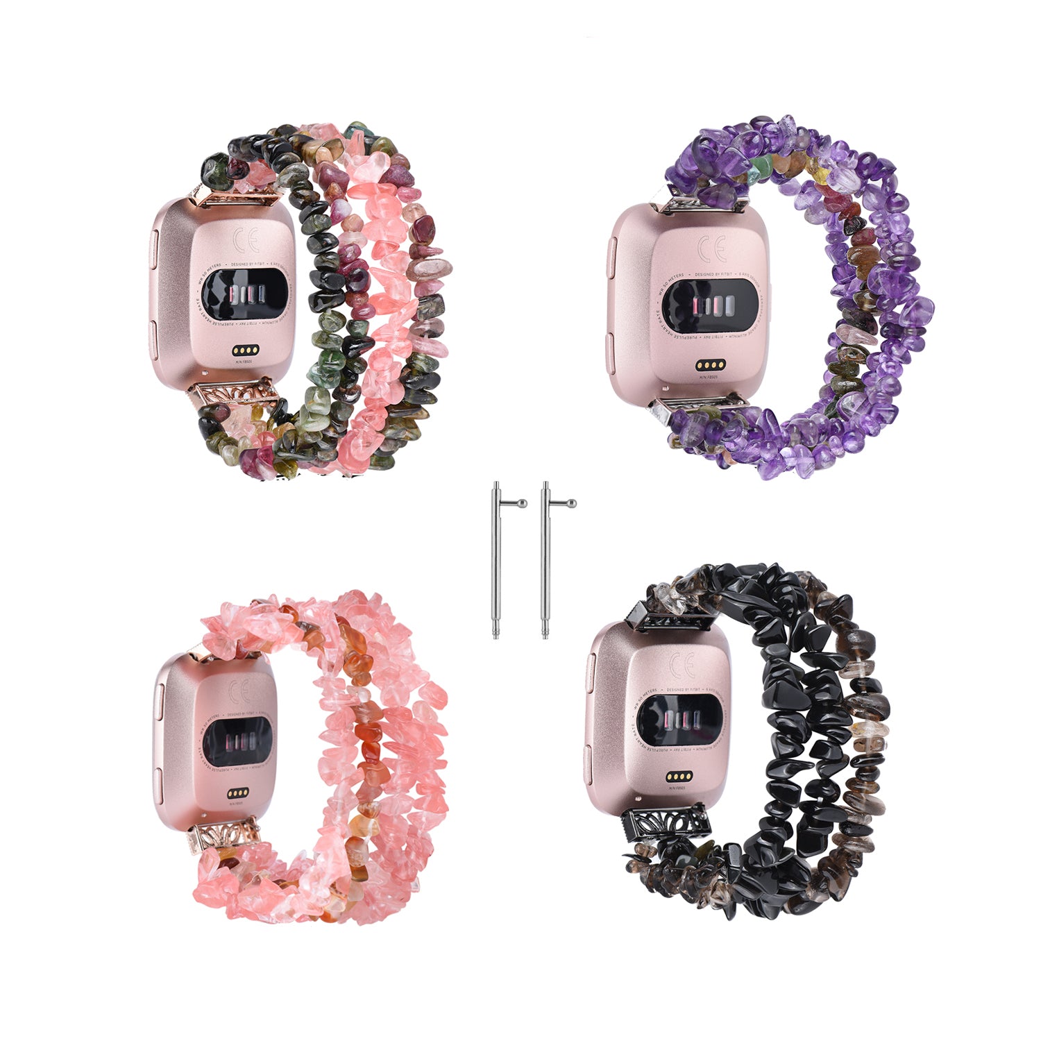 Four Rows Natural Stones Watch Band Strap Wrist Bracelet for Fitbit Versa/Fitbit Versa 2 - Black