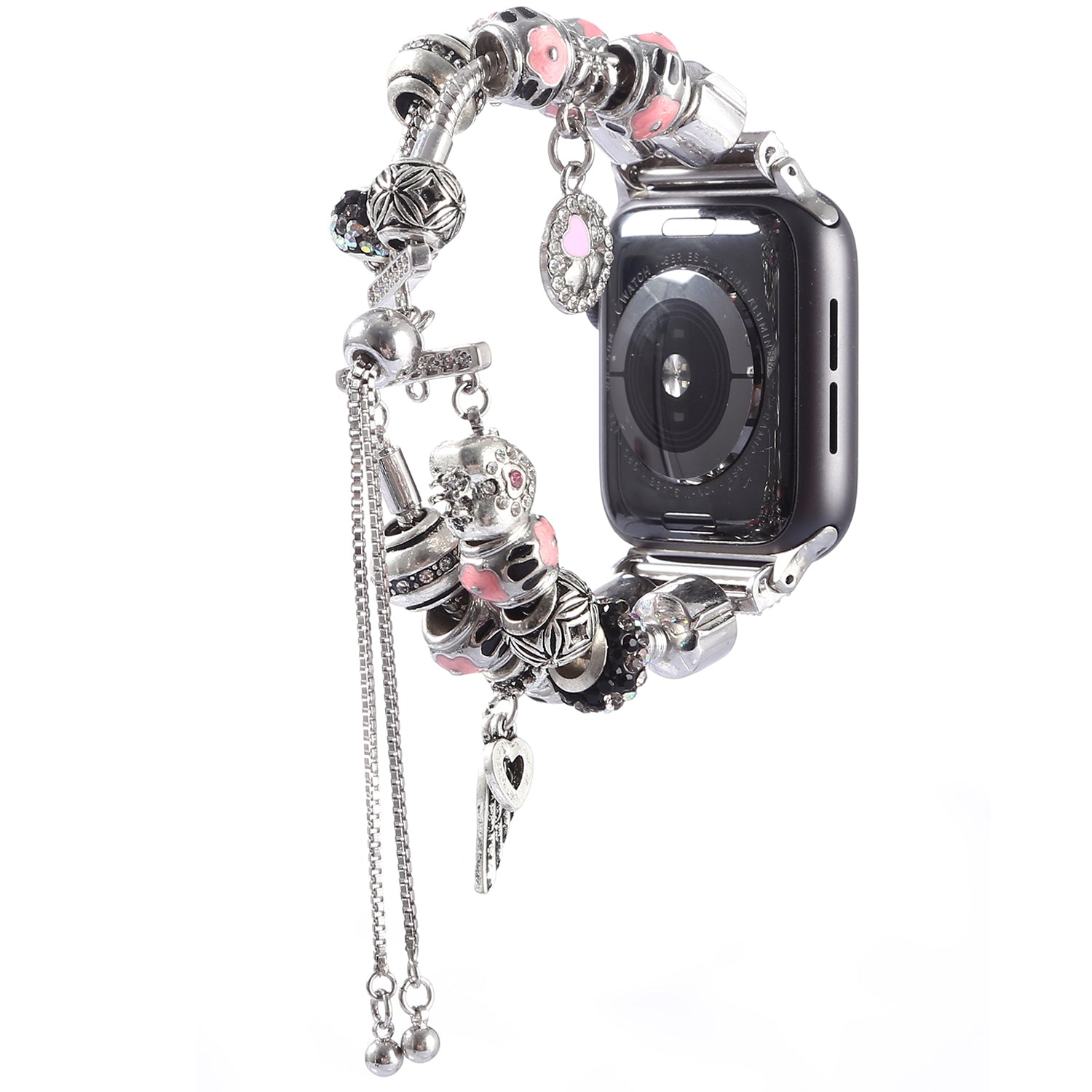 Stylish Style Metal+Wooden Beads Bracelet Smart Watch Band Replacement Watch Strap for Apple Watch Ultra 49mm / Series 8 45mm / 7 45mm / 6 / 5 / 4 / SE 44mm / SE (2022) 44mm / 3 / 2 / 1 42mm - Silver / Pink - UNIQBUY