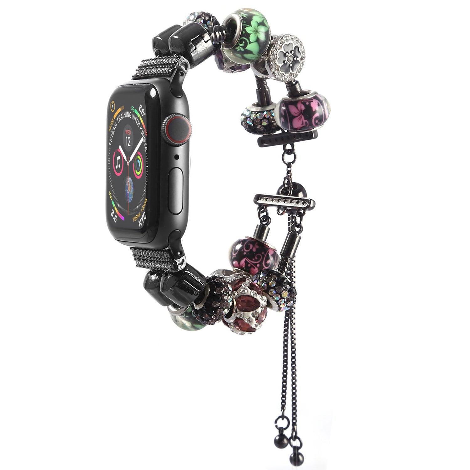 Stylish Style Metal+Wooden Beads Bracelet Smart Watch Band Replacement Watch Strap for Apple Watch Ultra 49mm / Series 8 45mm / 7 45mm / 6 / 5 / 4 / SE 44mm / SE (2022) 44mm / 3 / 2 / 1 42mm - Pink / Green Flower - UNIQBUY