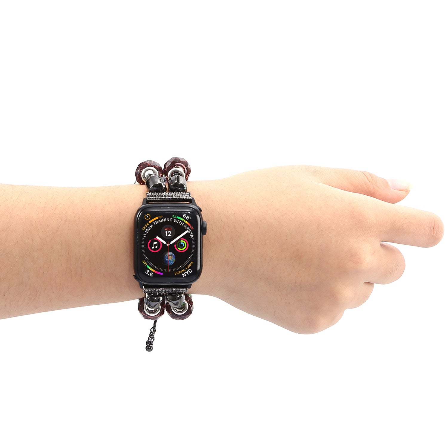 Stylish Style Metal+Wooden Beads Bracelet Smart Watch Band Replacement Watch Strap for Apple Watch Ultra 49mm / Series 8 45mm / 7 45mm / 6 / 5 / 4 / SE 44mm / SE (2022) 44mm / 3 / 2 / 1 42mm - Pink / Green Flower - UNIQBUY
