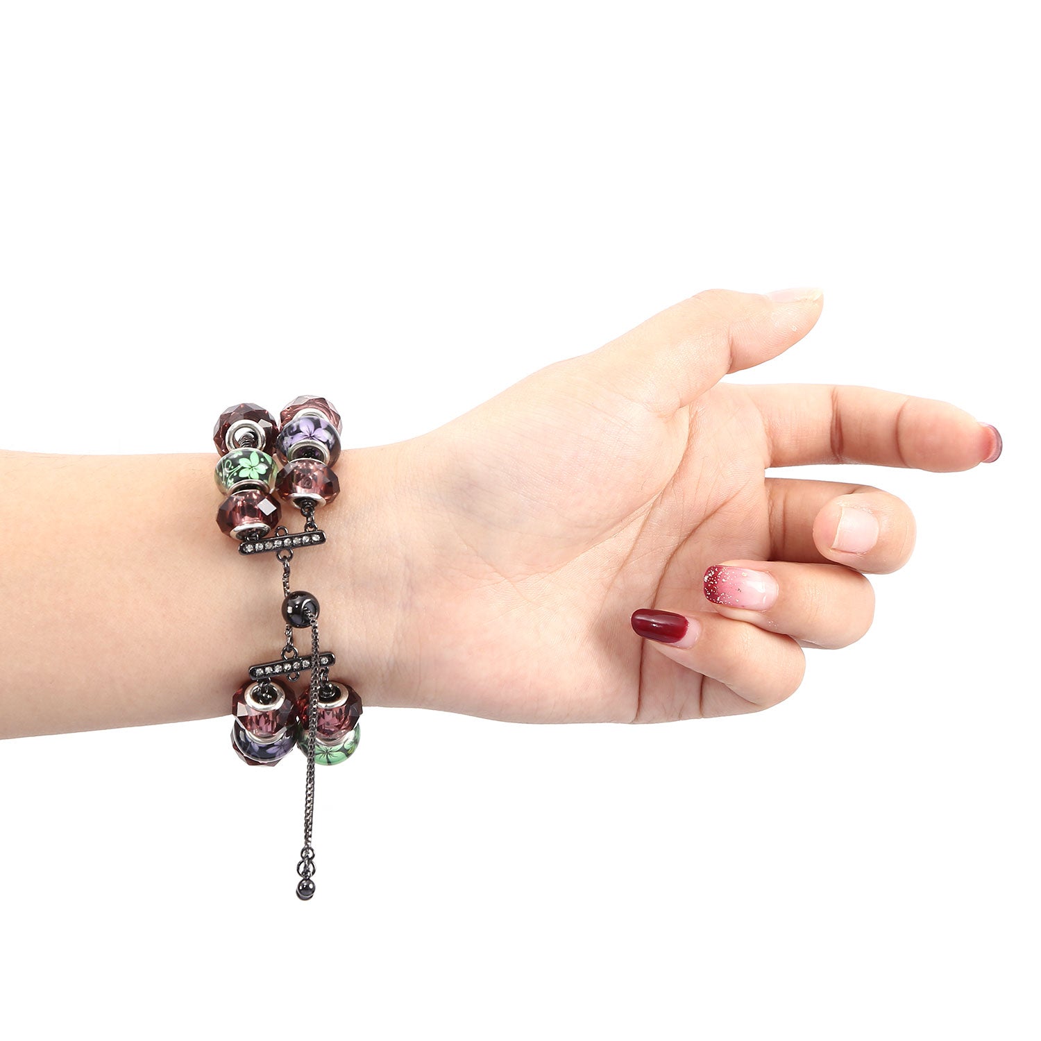 Stylish Style Metal+Wooden Beads Bracelet Smart Watch Band Replacement Watch Strap for Apple Watch Ultra 49mm / Series 8 45mm / 7 45mm / 6 / 5 / 4 / SE 44mm / SE (2022) 44mm / 3 / 2 / 1 42mm - Pink / Green Flower - UNIQBUY