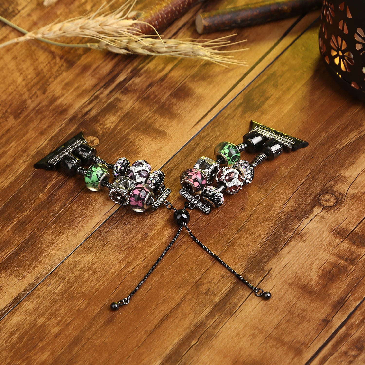 Stylish Style Metal+Wooden Beads Bracelet Smart Watch Band Replacement Watch Strap for Apple Watch Ultra 49mm / Series 8 45mm / 7 45mm / 6 / 5 / 4 / SE 44mm / SE (2022) 44mm / 3 / 2 / 1 42mm - Pink / Green Flower - UNIQBUY
