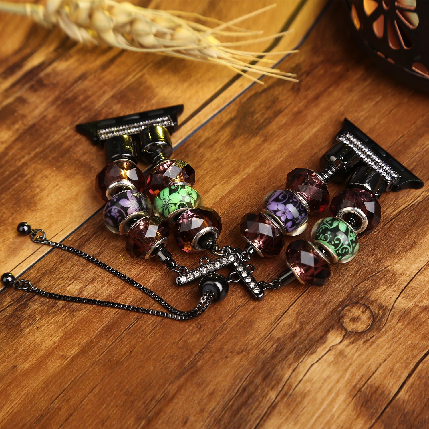 Stylish Style Metal+Wooden Beads Bracelet Smart Watch Band Replacement Watch Strap for Apple Watch Ultra 49mm / Series 8 45mm / 7 45mm / 6 / 5 / 4 / SE 44mm / SE (2022) 44mm / 3 / 2 / 1 42mm - Green / Purple Fower - UNIQBUY
