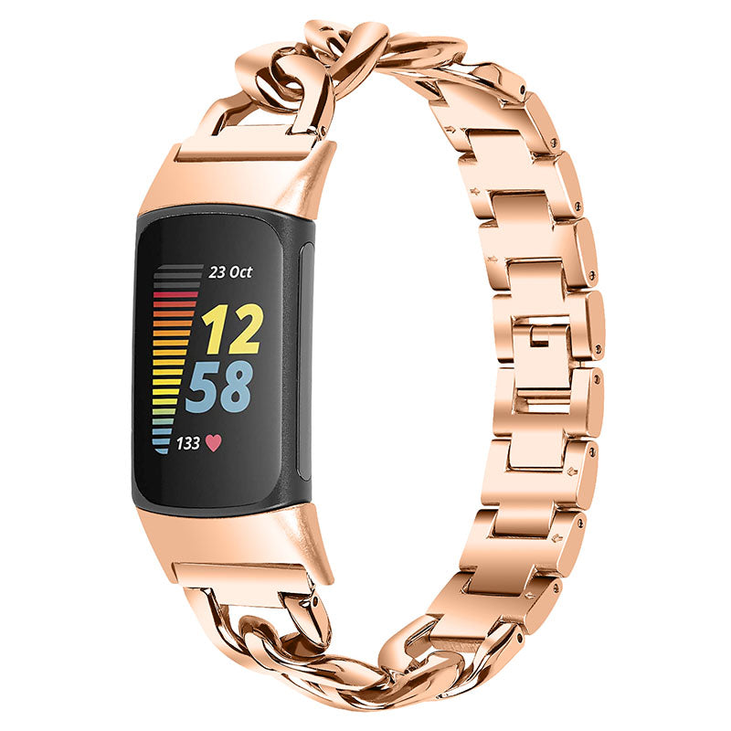 Replacement Watch Band Single Row Chain Watch Strap for Fitbit Charge 5 - Rose Gold