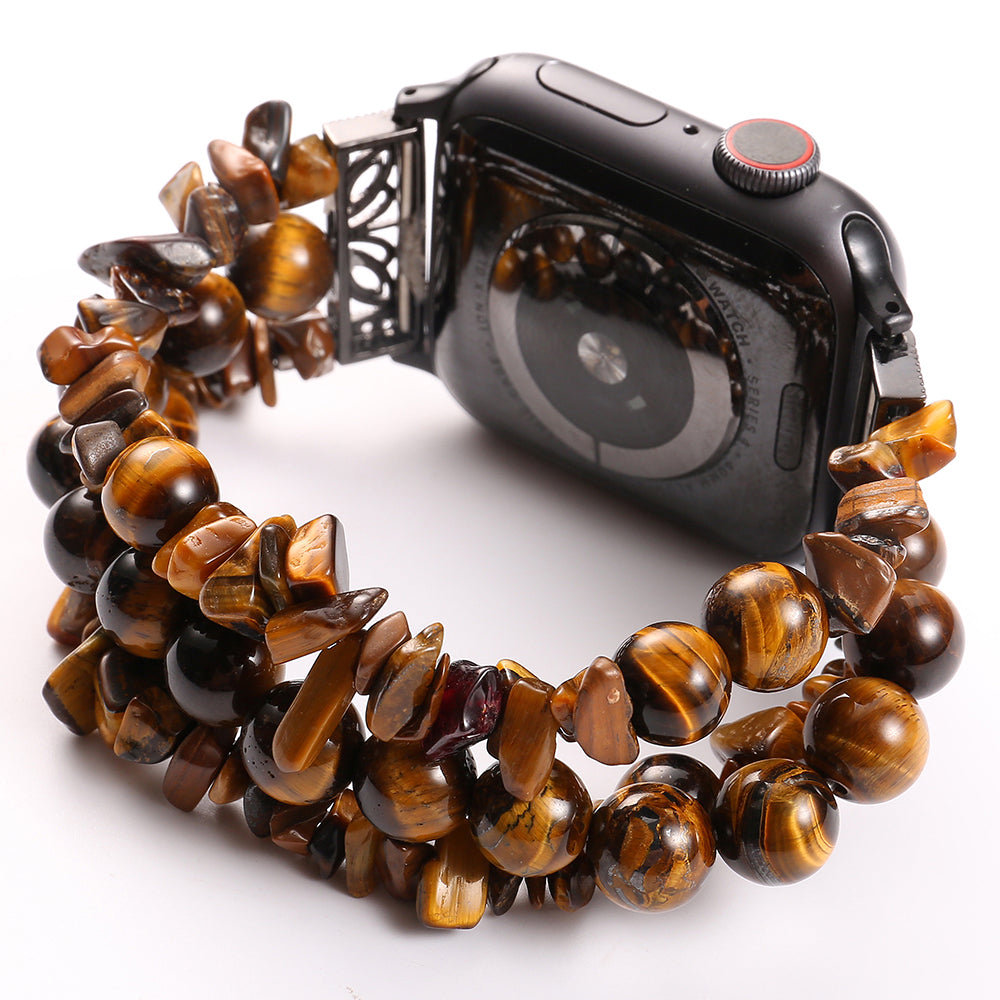 Four Rows Natural Stones Smart Watch Strap Band Replacement for Apple Watch Ultra 49mm / Series 8 45mm / 7 45mm / SE 44mm / SE (2022) 44mm / Series 6 / 5 / 4 44mm / Series 3 / 2 / 1 42mm - Brown - UNIQBUY