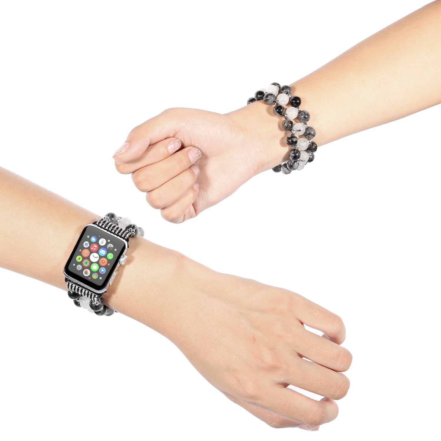 Stylish Three Rows Agate Beads + Metal Bracelet Wrist Strap Smart Watch Band for Apple Watch Ultra 49mm / Series 8 45mm / 7 45mm / Series 6 / 5 / 4 / SE 44mm / SE (2022) 44mm Series 3 / 2 / 1 42mm - Black - UNIQBUY