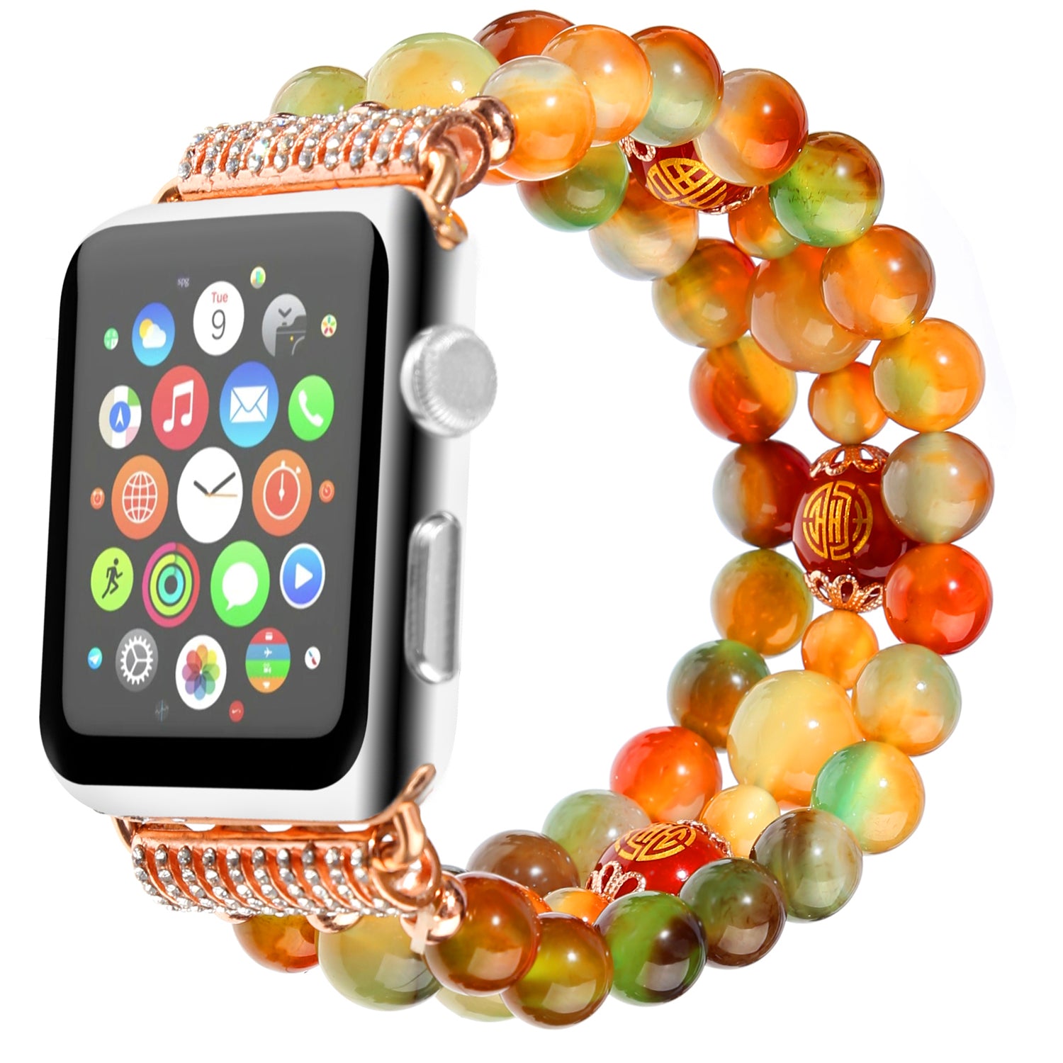 Stylish Three Rows Agate Beads + Metal Bracelet Wrist Strap Smart Watch Band for Apple Watch Ultra 49mm / Series 8 45mm / 7 45mm / Series 6 / 5 / 4 / SE 44mm / SE (2022) 44mm Series 3 / 2 / 1 42mm - Good Fortune Character Agate - UNIQBUY