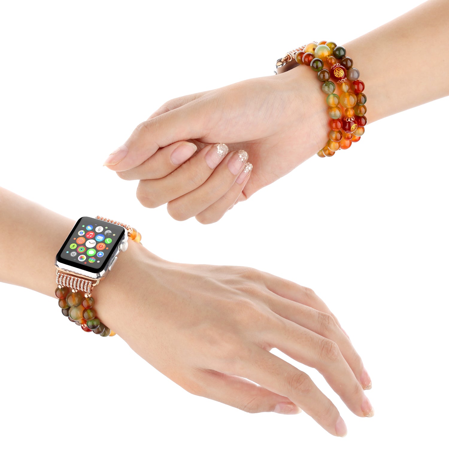Stylish Three Rows Agate Beads + Metal Bracelet Wrist Strap Smart Watch Band for Apple Watch Ultra 49mm / Series 8 45mm / 7 45mm / Series 6 / 5 / 4 / SE 44mm / SE (2022) 44mm Series 3 / 2 / 1 42mm - Good Fortune Character Agate - UNIQBUY