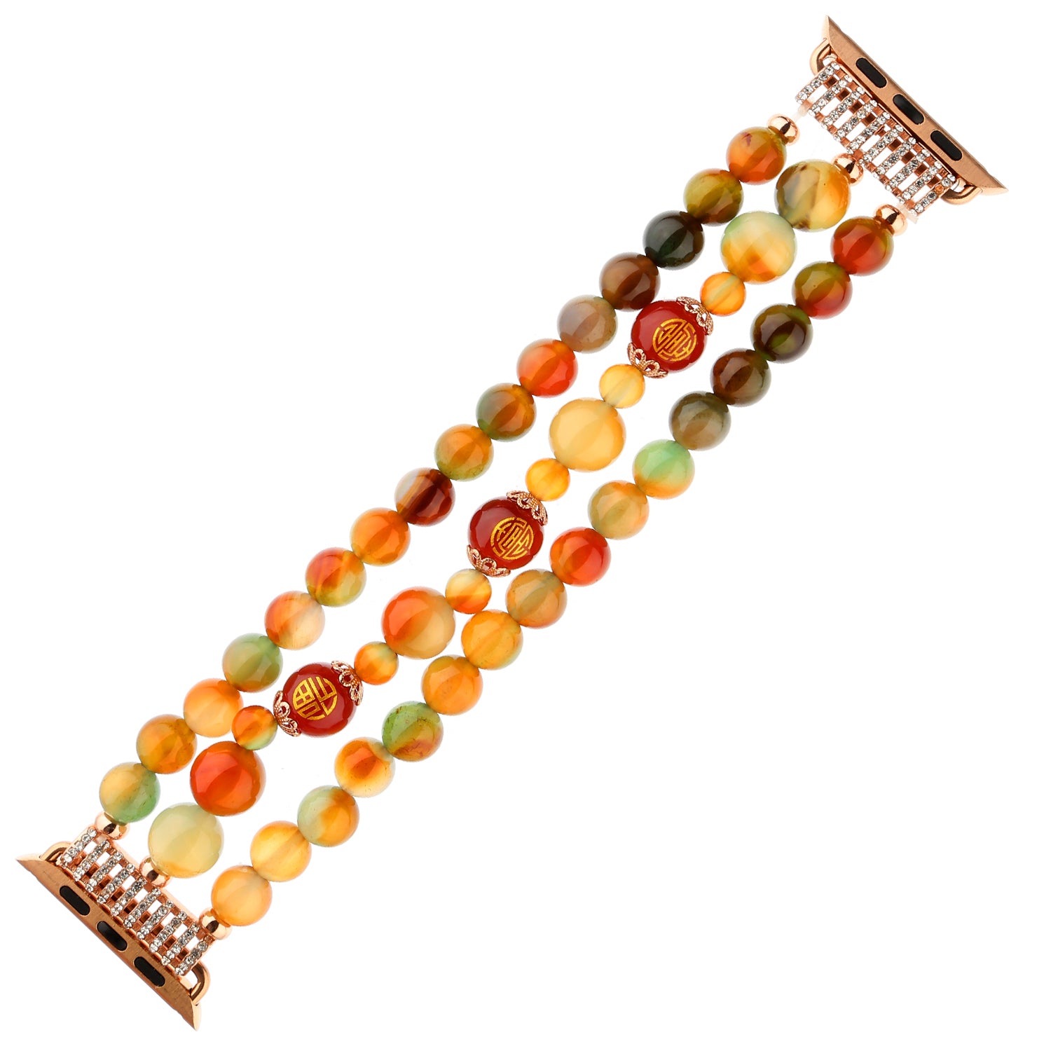 Stylish Three Rows Agate Beads + Metal Bracelet Wrist Strap Smart Watch Band for Apple Watch Ultra 49mm / Series 8 45mm / 7 45mm / Series 6 / 5 / 4 / SE 44mm / SE (2022) 44mm Series 3 / 2 / 1 42mm - Good Fortune Character Agate - UNIQBUY