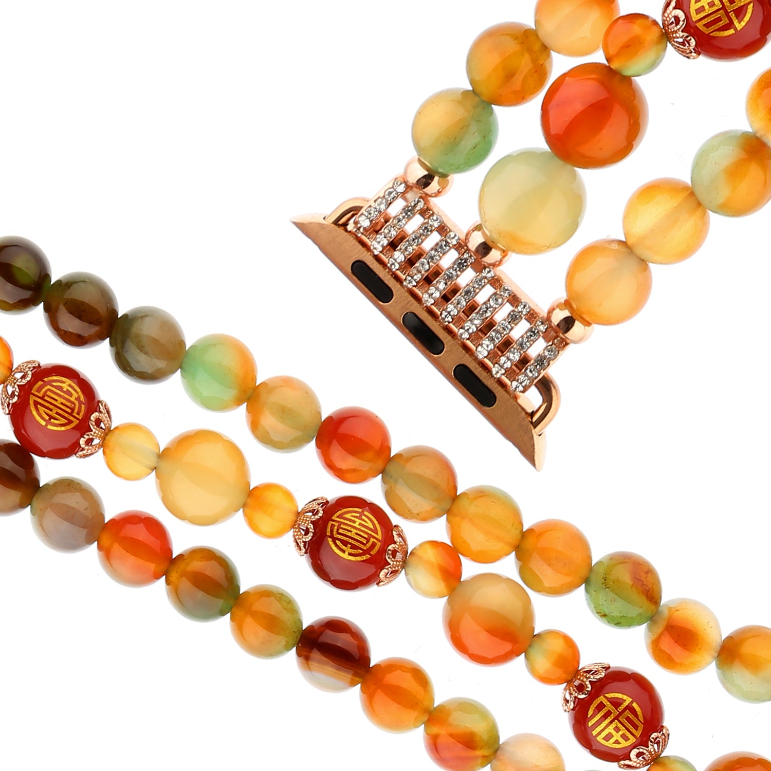 Stylish Three Rows Agate Beads + Metal Bracelet Wrist Strap Smart Watch Band for Apple Watch Ultra 49mm / Series 8 45mm / 7 45mm / Series 6 / 5 / 4 / SE 44mm / SE (2022) 44mm Series 3 / 2 / 1 42mm - Good Fortune Character Agate - UNIQBUY