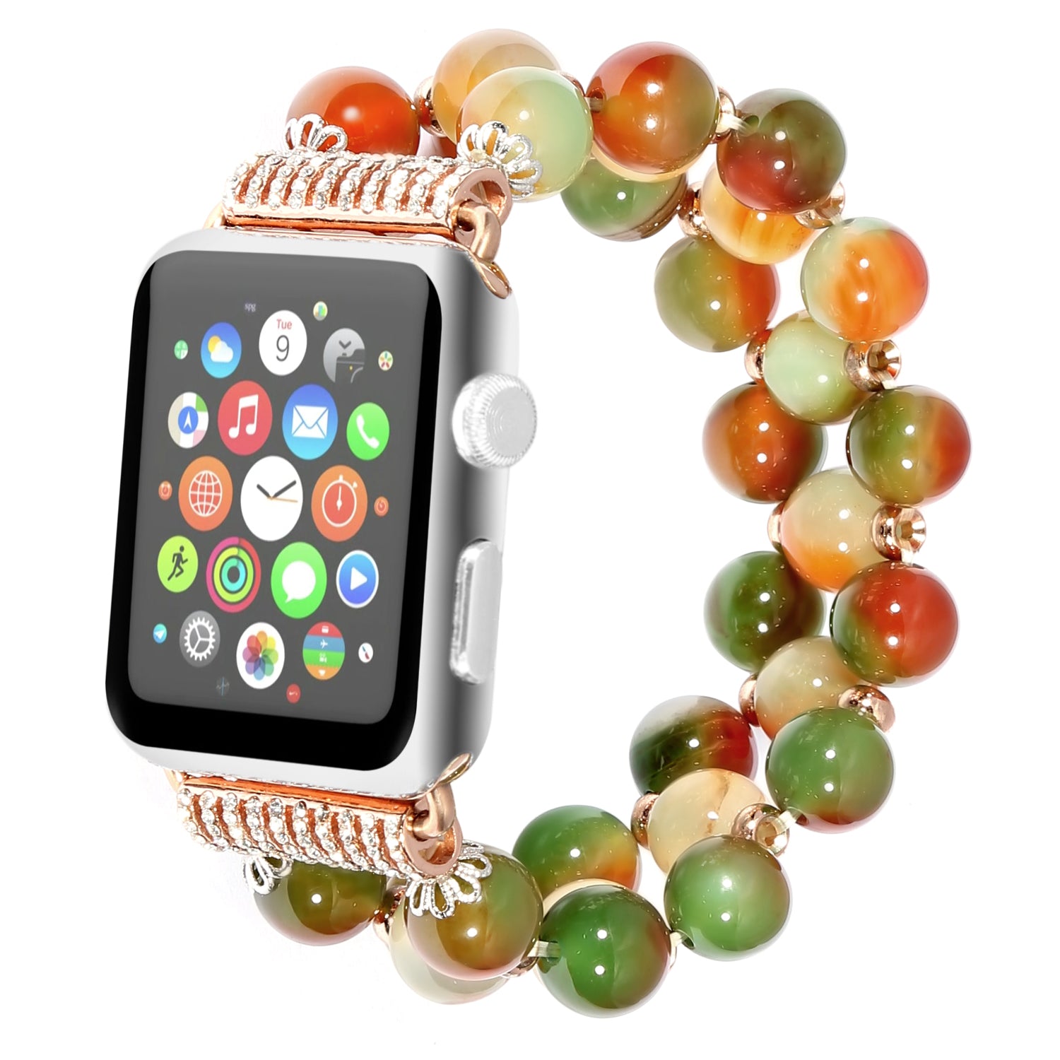 Stylish Three Rows Agate Beads + Metal Bracelet Wrist Strap Smart Watch Band for Apple Watch Ultra 49mm / Series 8 45mm / 7 45mm / Series 6 / 5 / 4 / SE 44mm / SE (2022) 44mm Series 3 / 2 / 1 42mm - Brown - UNIQBUY