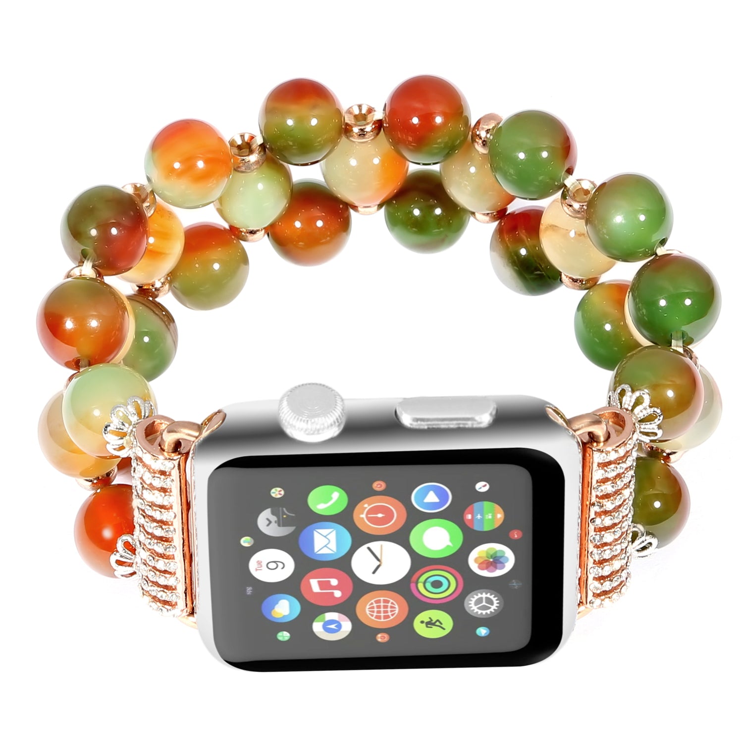 Stylish Three Rows Agate Beads + Metal Bracelet Wrist Strap Smart Watch Band for Apple Watch Ultra 49mm / Series 8 45mm / 7 45mm / Series 6 / 5 / 4 / SE 44mm / SE (2022) 44mm Series 3 / 2 / 1 42mm - Brown - UNIQBUY