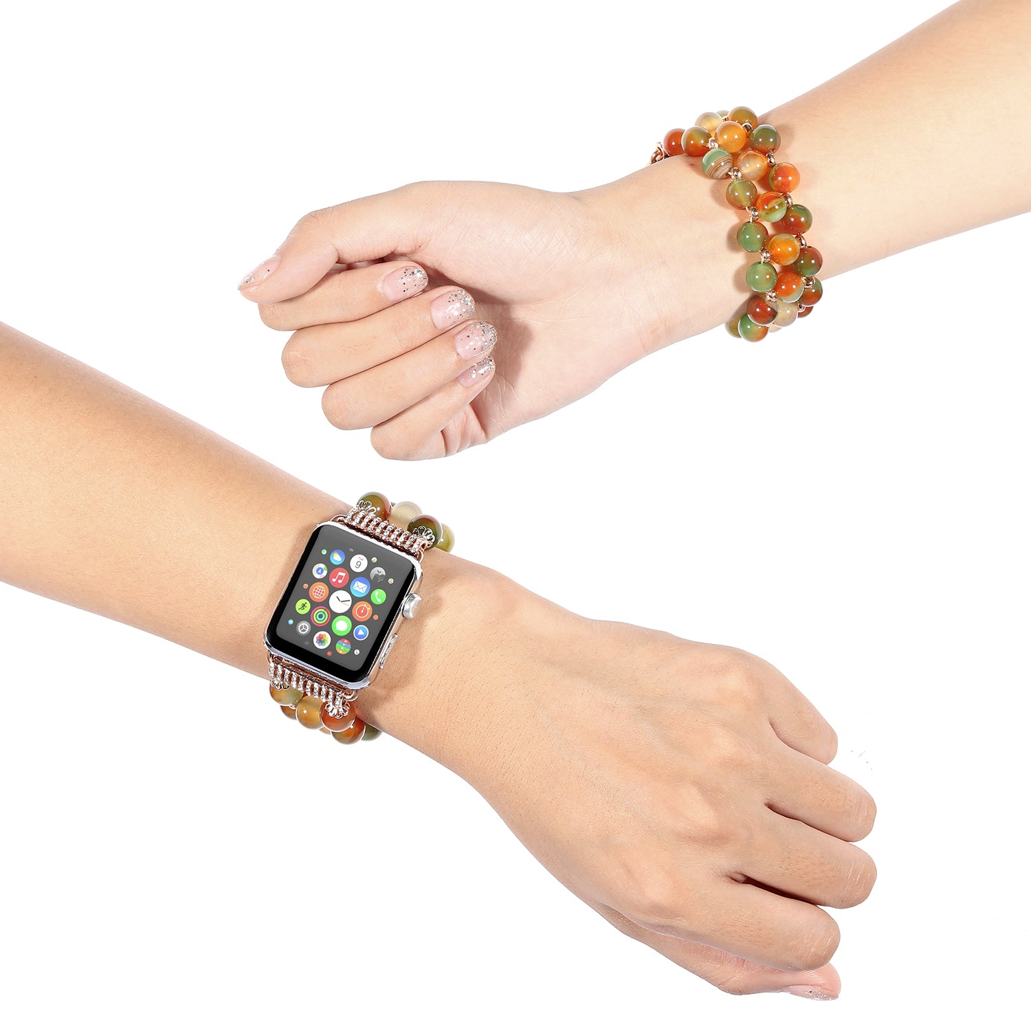 Stylish Three Rows Agate Beads + Metal Bracelet Wrist Strap Smart Watch Band for Apple Watch Ultra 49mm / Series 8 45mm / 7 45mm / Series 6 / 5 / 4 / SE 44mm / SE (2022) 44mm Series 3 / 2 / 1 42mm - Brown - UNIQBUY