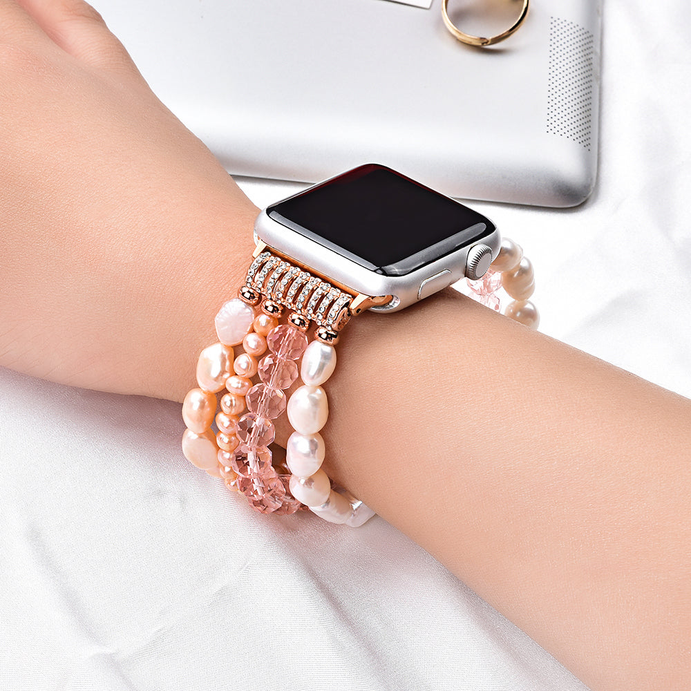Crystal Pearls Bracelet Exquisite Stylish Watch Band for Apple Watch Series 8 41mm / Series 7 41mm / SE / SE(2022) / Series 6 / 5 / 4 40mm / Series 3 / 2 / 1 38mm - Pearl / Pink Crystal - UNIQBUY