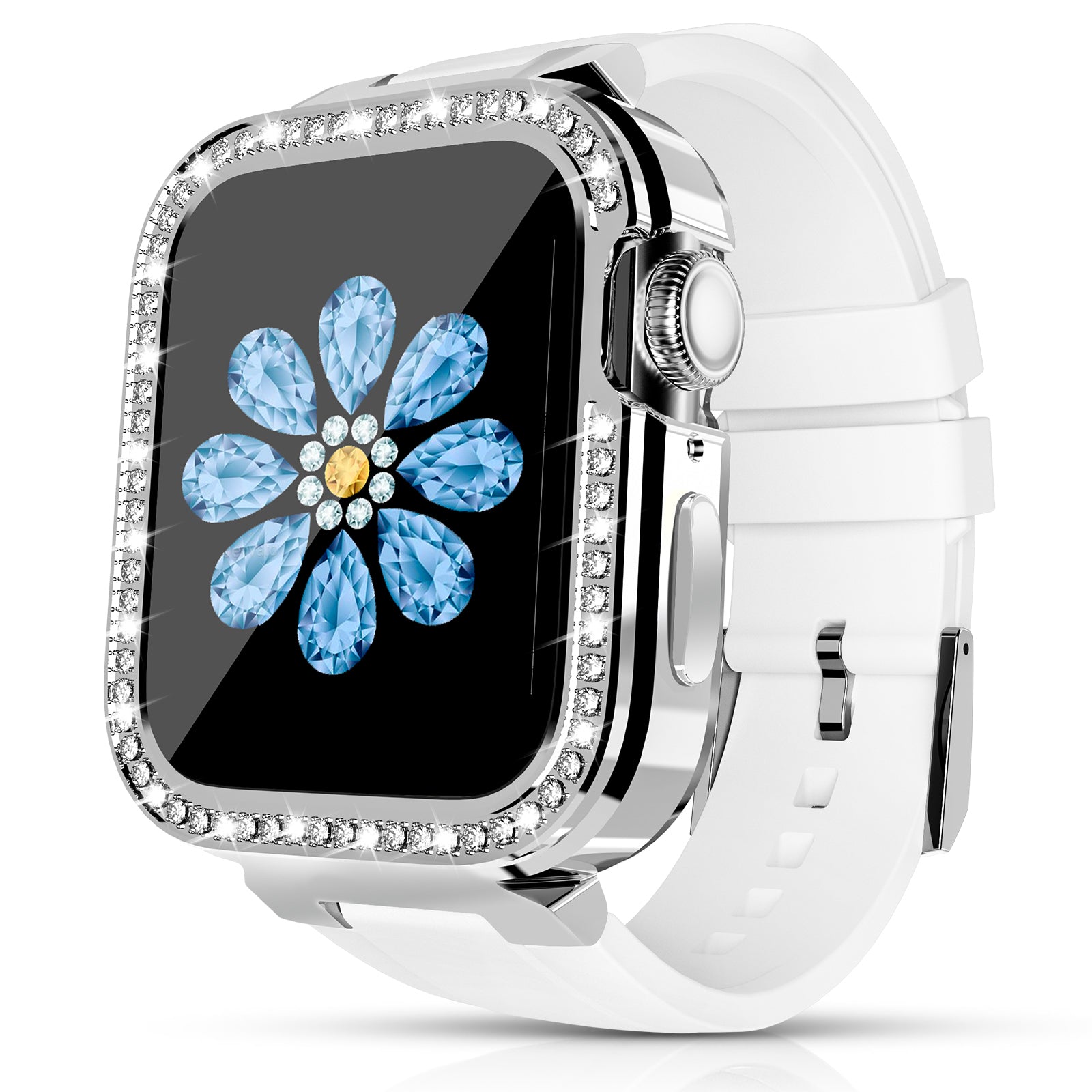 KINGXBAR for Apple Watch Series 5/6 40mm/Series 7 41mm Zinc Alloy + TPU Rhinestone Watch Case + TPU Watch Bands - White