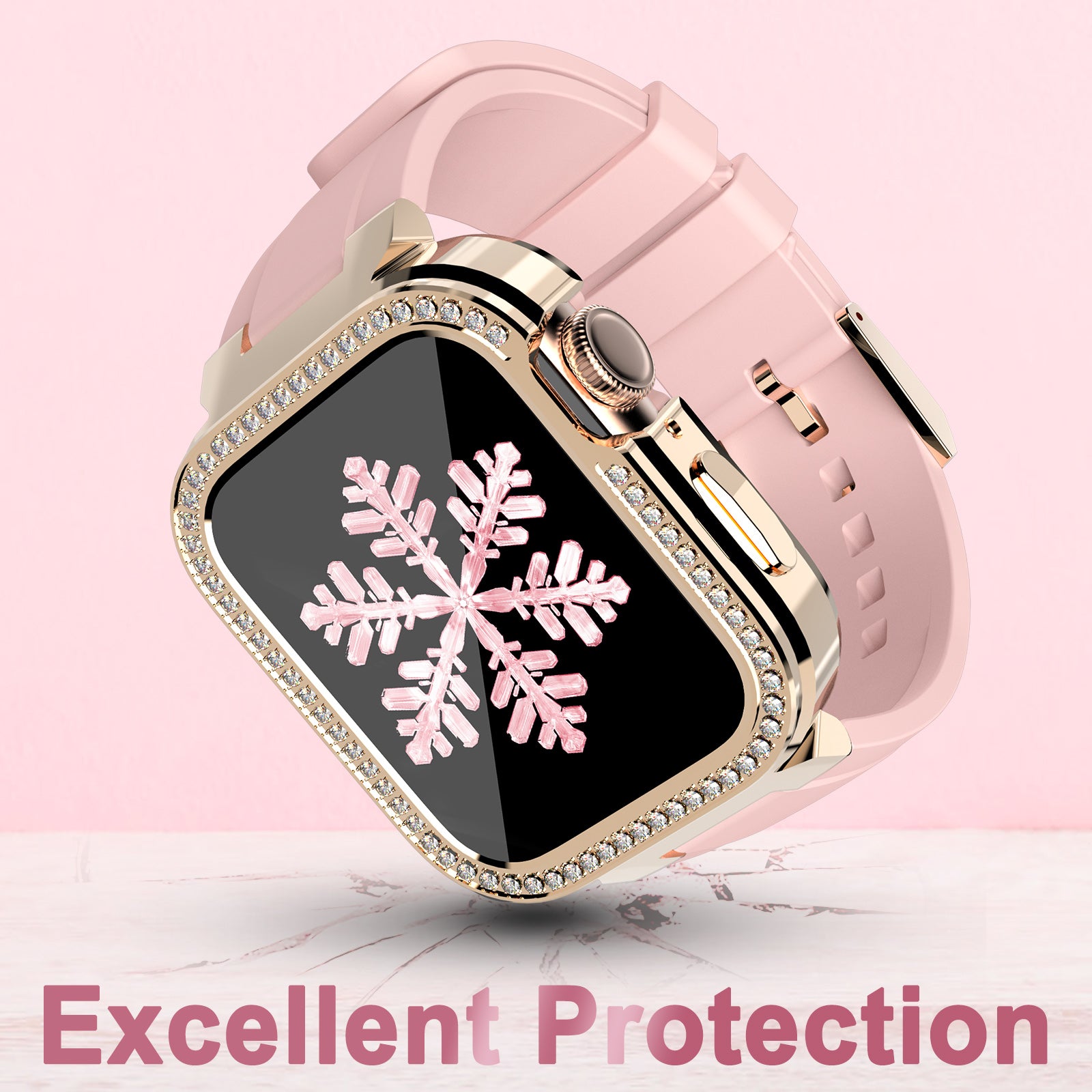 KINGXBAR for Apple Watch Series 5/6 40mm/Series 7 41mm Zinc Alloy + TPU Rhinestone Watch Case + TPU Watch Bands - Pink