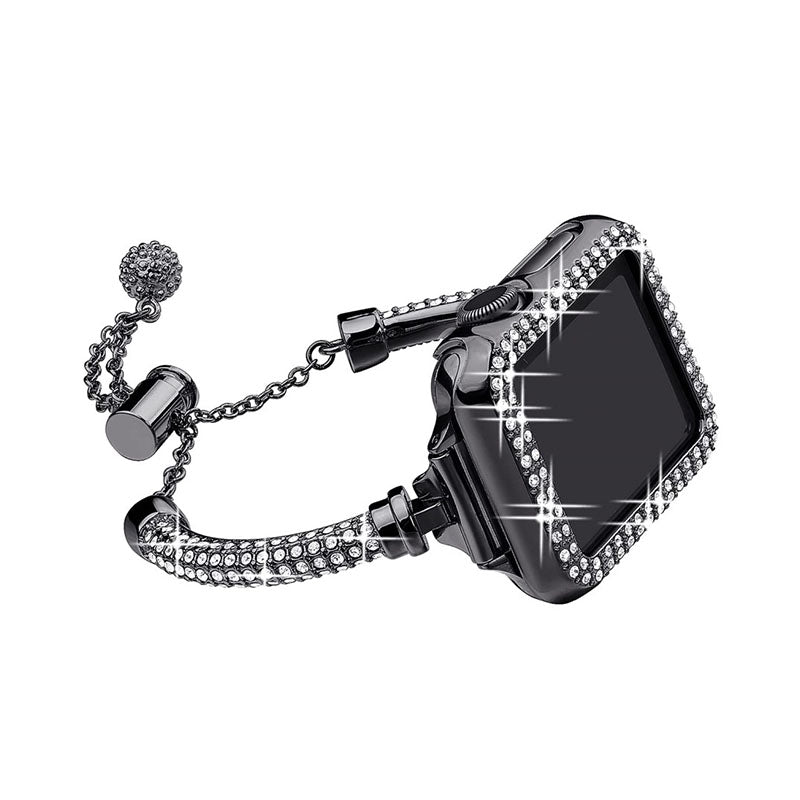 For Apple Watch SE 44mm / SE (2022) 44mm / Series 4 / 5 / 6 44mm Bracelet Metal Rhinestone Decor Durable Smart Watch Band + Hollow Out PC Watch Case - Black - UNIQBUY