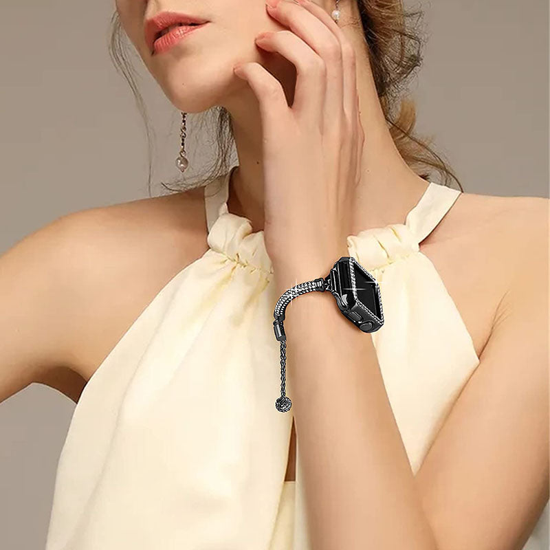 For Apple Watch SE 44mm / SE (2022) 44mm / Series 4 / 5 / 6 44mm Bracelet Metal Rhinestone Decor Durable Smart Watch Band + Hollow Out PC Watch Case - Black - UNIQBUY