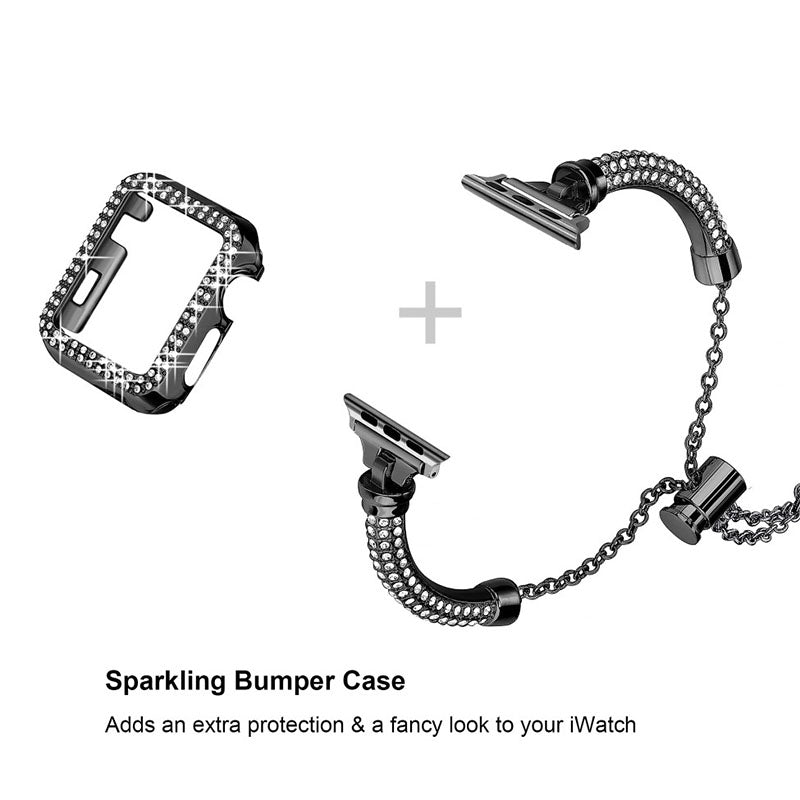For Apple Watch Series 7 41mm Metal Rhinestone Decor Stylish Smart Watch Band Bracelet + Hollow Out Hard PC Protective Watch Case - Black - UNIQBUY