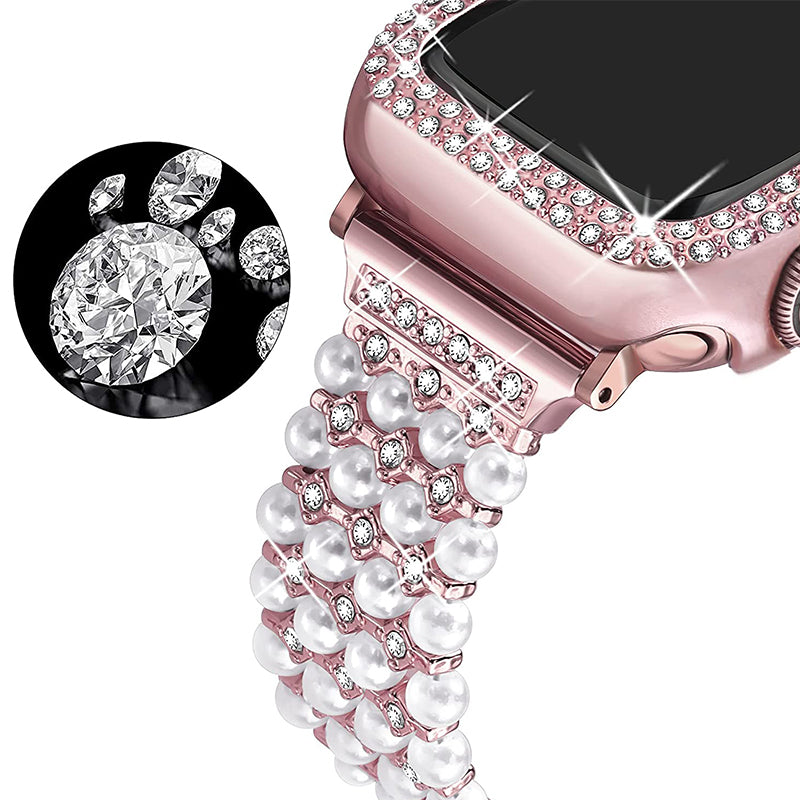 For Apple Watch SE / SE(2022) / Series 6 / 5 / 4 40mm Replacement Wrist Strap Pearl Rhinestone Decor Metal Bracelet Band + PC Anti-scratch Watch Case - Rose Pink - UNIQBUY