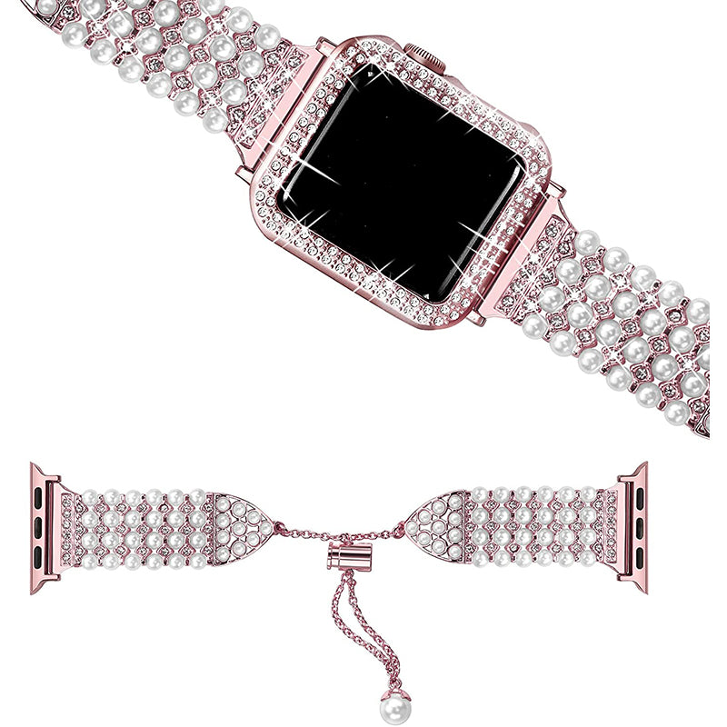 For Apple Watch SE / SE(2022) / Series 6 / 5 / 4 40mm Replacement Wrist Strap Pearl Rhinestone Decor Metal Bracelet Band + PC Anti-scratch Watch Case - Rose Pink - UNIQBUY