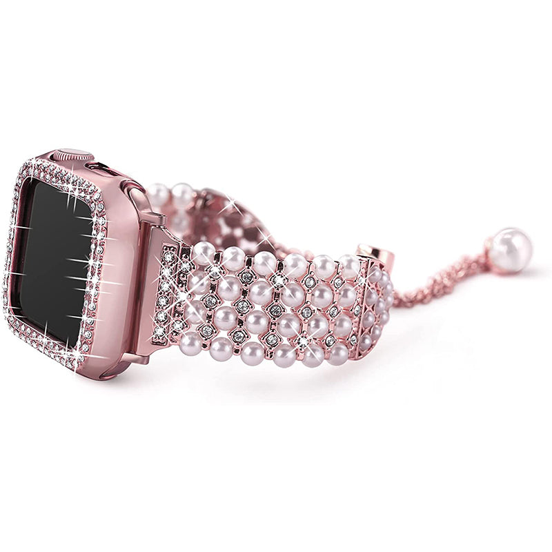 For Apple Watch SE / SE(2022) / Series 6 / 5 / 4 40mm Replacement Wrist Strap Pearl Rhinestone Decor Metal Bracelet Band + PC Anti-scratch Watch Case - Rose Pink - UNIQBUY
