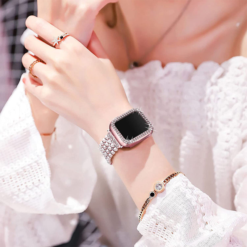 For Apple Watch SE / SE(2022) / Series 6 / 5 / 4 40mm Replacement Wrist Strap Pearl Rhinestone Decor Metal Bracelet Band + PC Anti-scratch Watch Case - Rose Pink - UNIQBUY