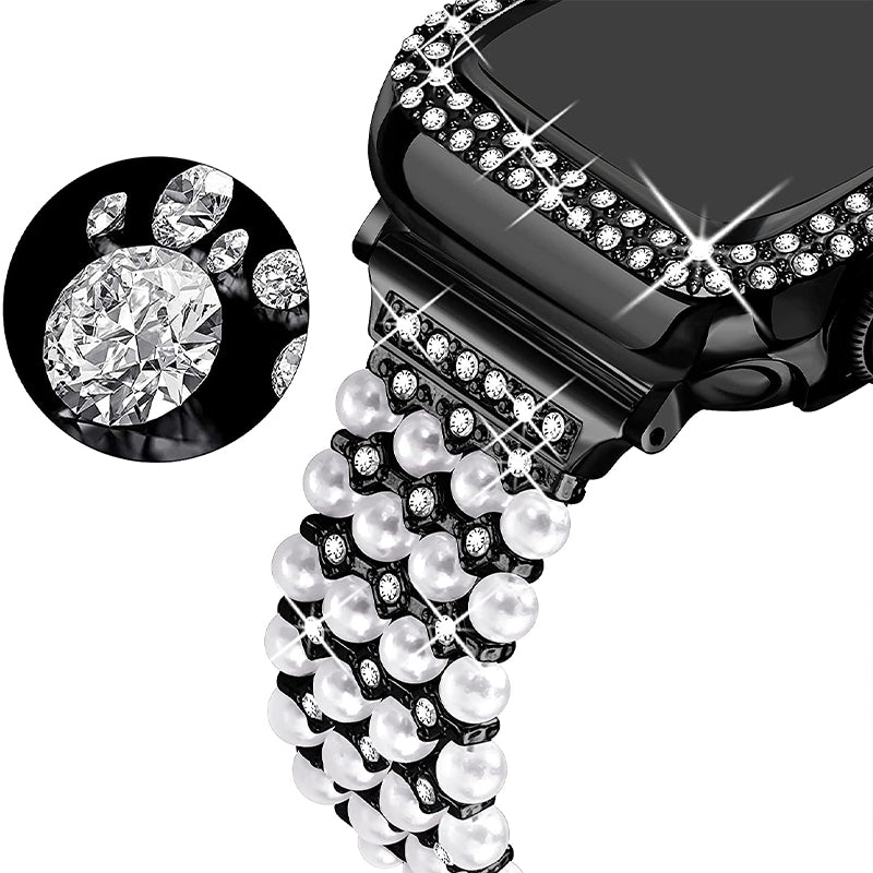 For Apple Watch SE 44mm / SE (2022) 44mm / Series 6 / 5 / 4 44mm Pearl Rhinestone Decor Metal Adjustable Bracelet Watch Band + Hollow Out PC Watch Case - Black - UNIQBUY