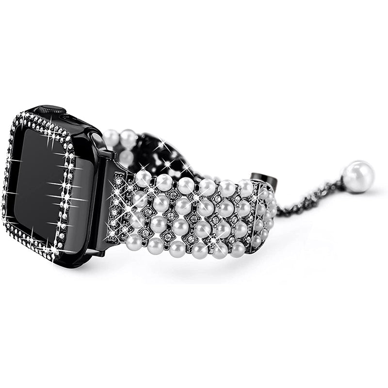 For Apple Watch SE 44mm / SE (2022) 44mm / Series 6 / 5 / 4 44mm Pearl Rhinestone Decor Metal Adjustable Bracelet Watch Band + Hollow Out PC Watch Case - Black - UNIQBUY
