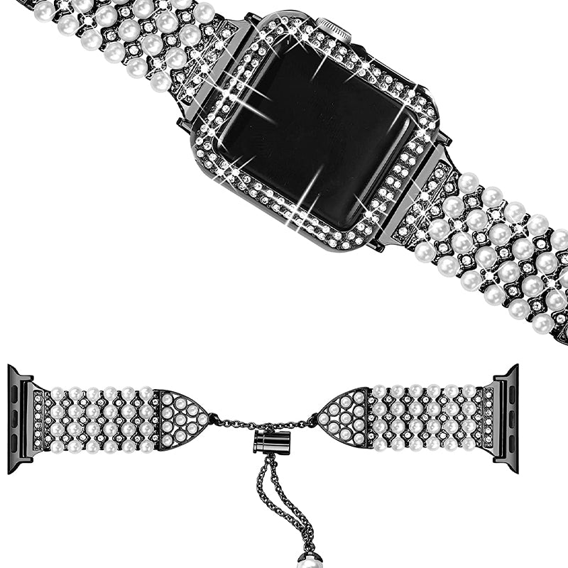 For Apple Watch SE 44mm / SE (2022) 44mm / Series 6 / 5 / 4 44mm Pearl Rhinestone Decor Metal Adjustable Bracelet Watch Band + Hollow Out PC Watch Case - Black - UNIQBUY