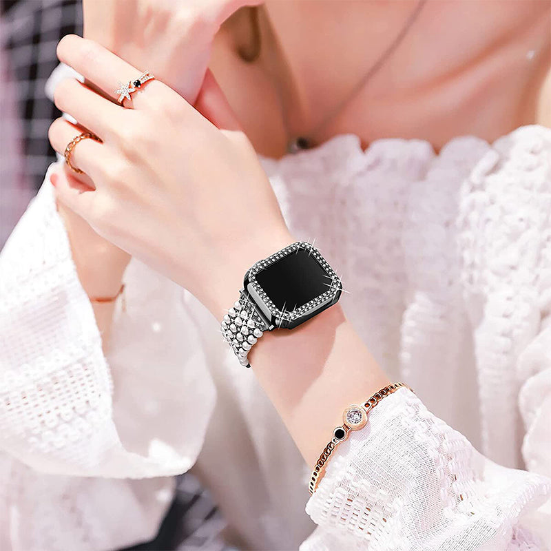 For Apple Watch SE 44mm / SE (2022) 44mm / Series 6 / 5 / 4 44mm Pearl Rhinestone Decor Metal Adjustable Bracelet Watch Band + Hollow Out PC Watch Case - Black - UNIQBUY