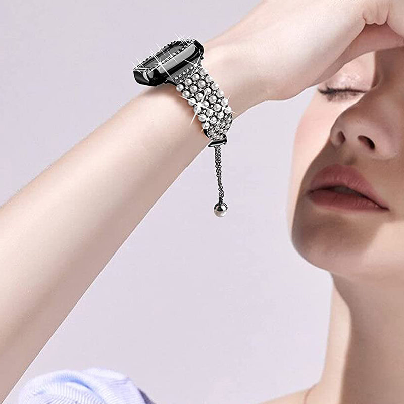 For Apple Watch SE 44mm / SE (2022) 44mm / Series 6 / 5 / 4 44mm Pearl Rhinestone Decor Metal Adjustable Bracelet Watch Band + Hollow Out PC Watch Case - Black - UNIQBUY