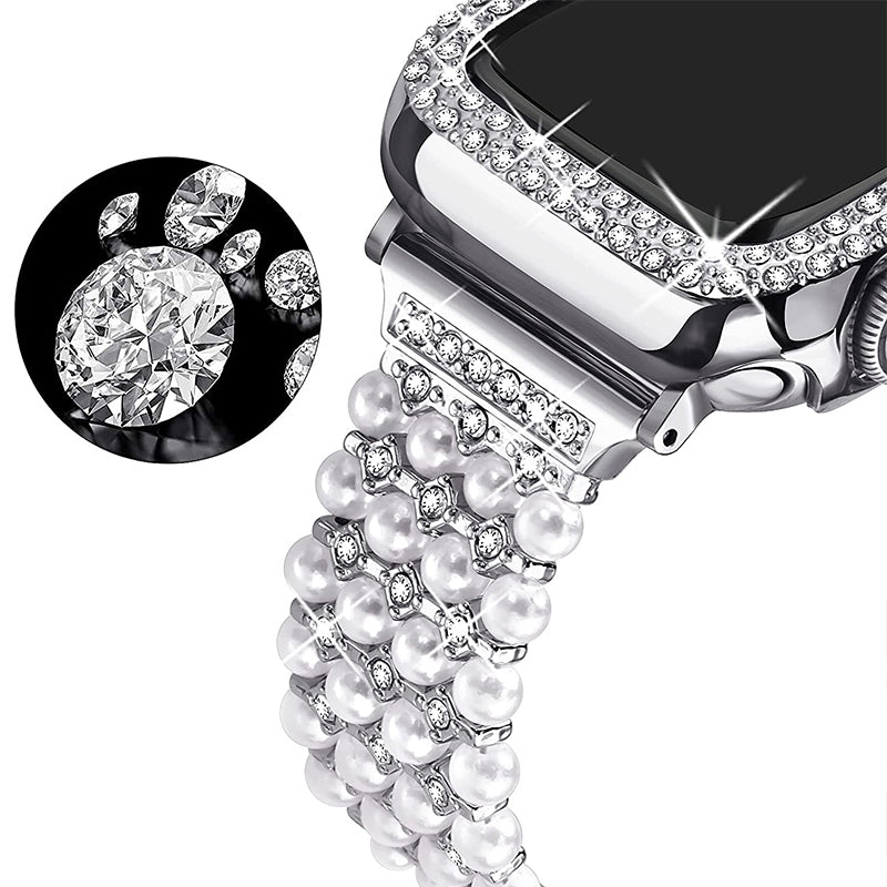 For Apple Watch Series 7 45mm Faux Pearl Rhinestone Metal Watch Band Wrist Strap + Anti-scratch PC Watch Case - Silver - UNIQBUY