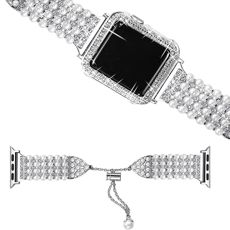 For Apple Watch Series 7 45mm Faux Pearl Rhinestone Metal Watch Band Wrist Strap + Anti-scratch PC Watch Case - Silver - UNIQBUY