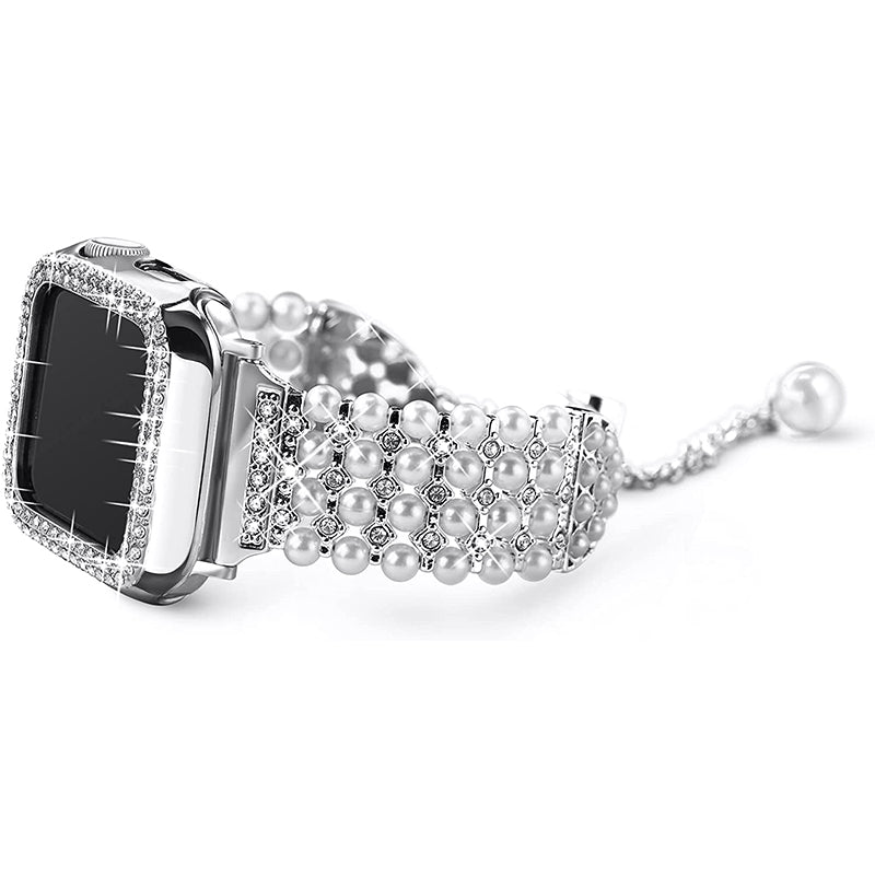 For Apple Watch Series 7 45mm Faux Pearl Rhinestone Metal Watch Band Wrist Strap + Anti-scratch PC Watch Case - Silver - UNIQBUY