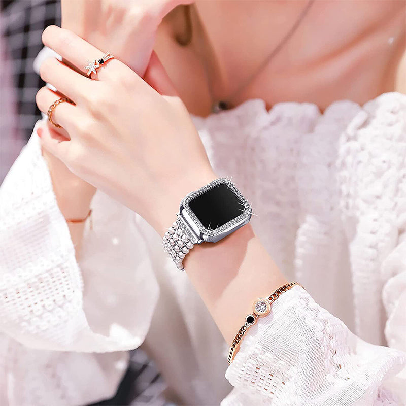 For Apple Watch Series 7 45mm Faux Pearl Rhinestone Metal Watch Band Wrist Strap + Anti-scratch PC Watch Case - Silver - UNIQBUY