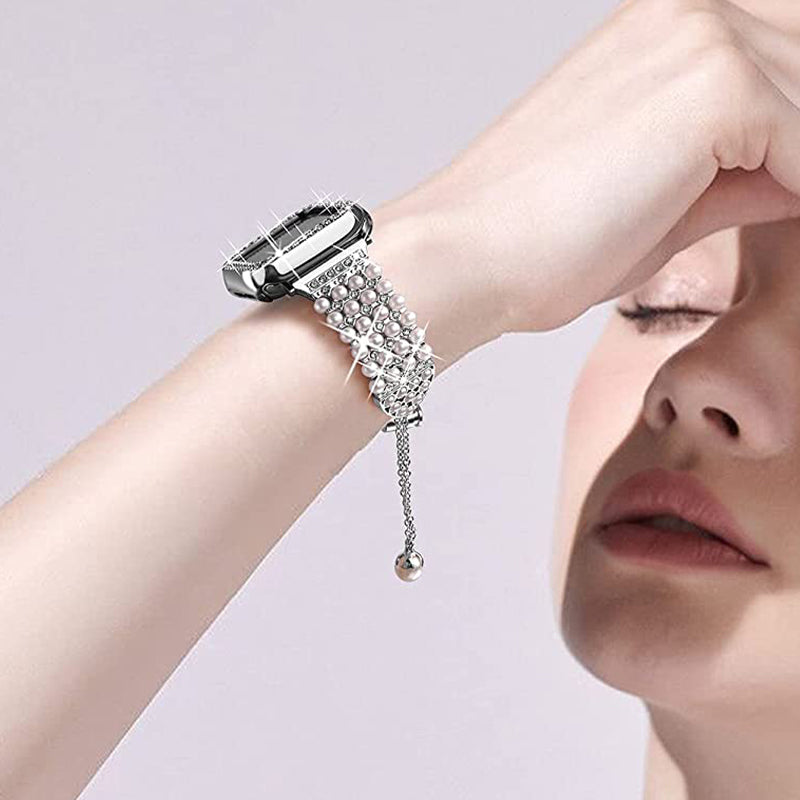 For Apple Watch Series 7 45mm Faux Pearl Rhinestone Metal Watch Band Wrist Strap + Anti-scratch PC Watch Case - Silver - UNIQBUY