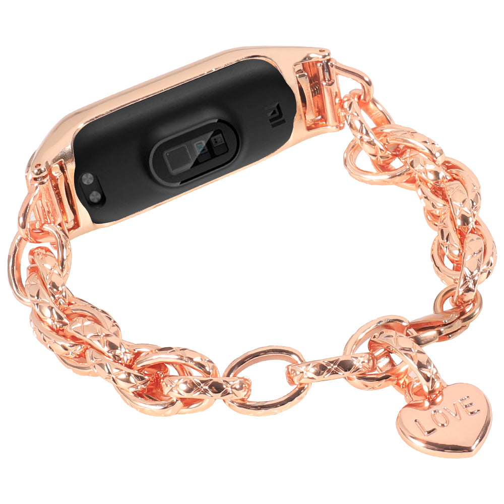 For Xiaomi Mi Band 5/Mi Band 6 Stainless Steel Heart-shaped Pendant Wrist Bracelet Watch Band Replacement Strap - Rose Gold
